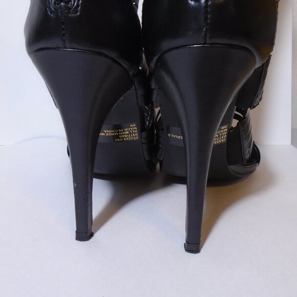 Colin Stuart Calf High Boots Stiletto Heel Pumps Skin Baring Peep Toe Black - Picture 11 of 14